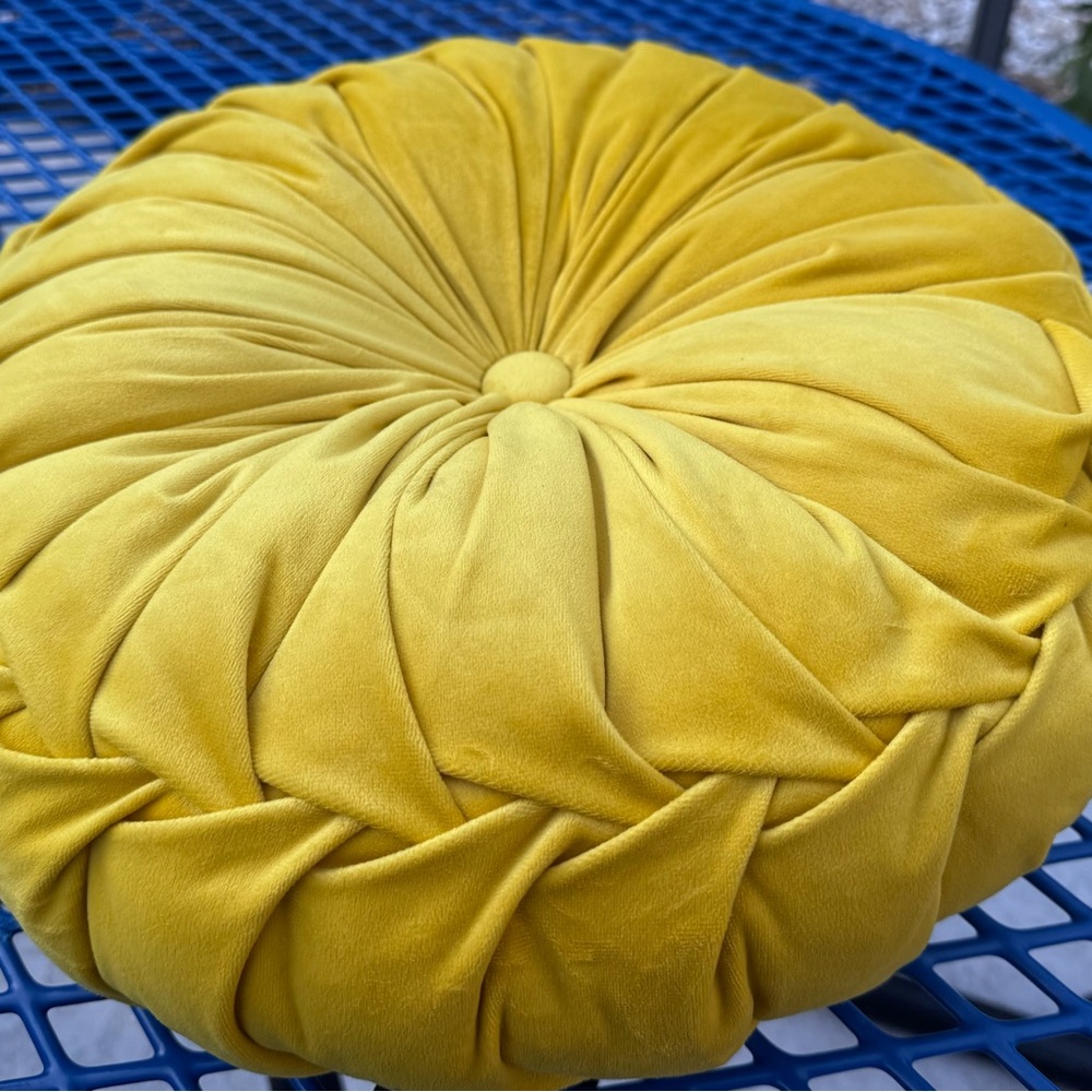 Round Tufted Velvet Pillow in Mustard Yellow
